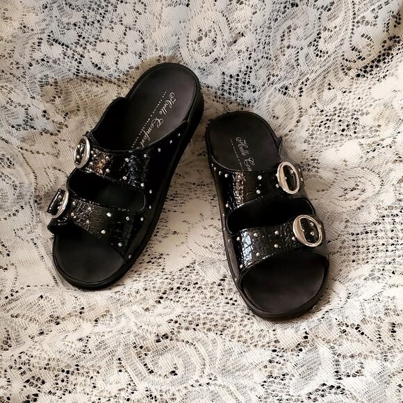 Helle Comfort Black Double Strap Sandals-Slip On-Womens Size 39 -US 7.5 - Picture 1 of 12